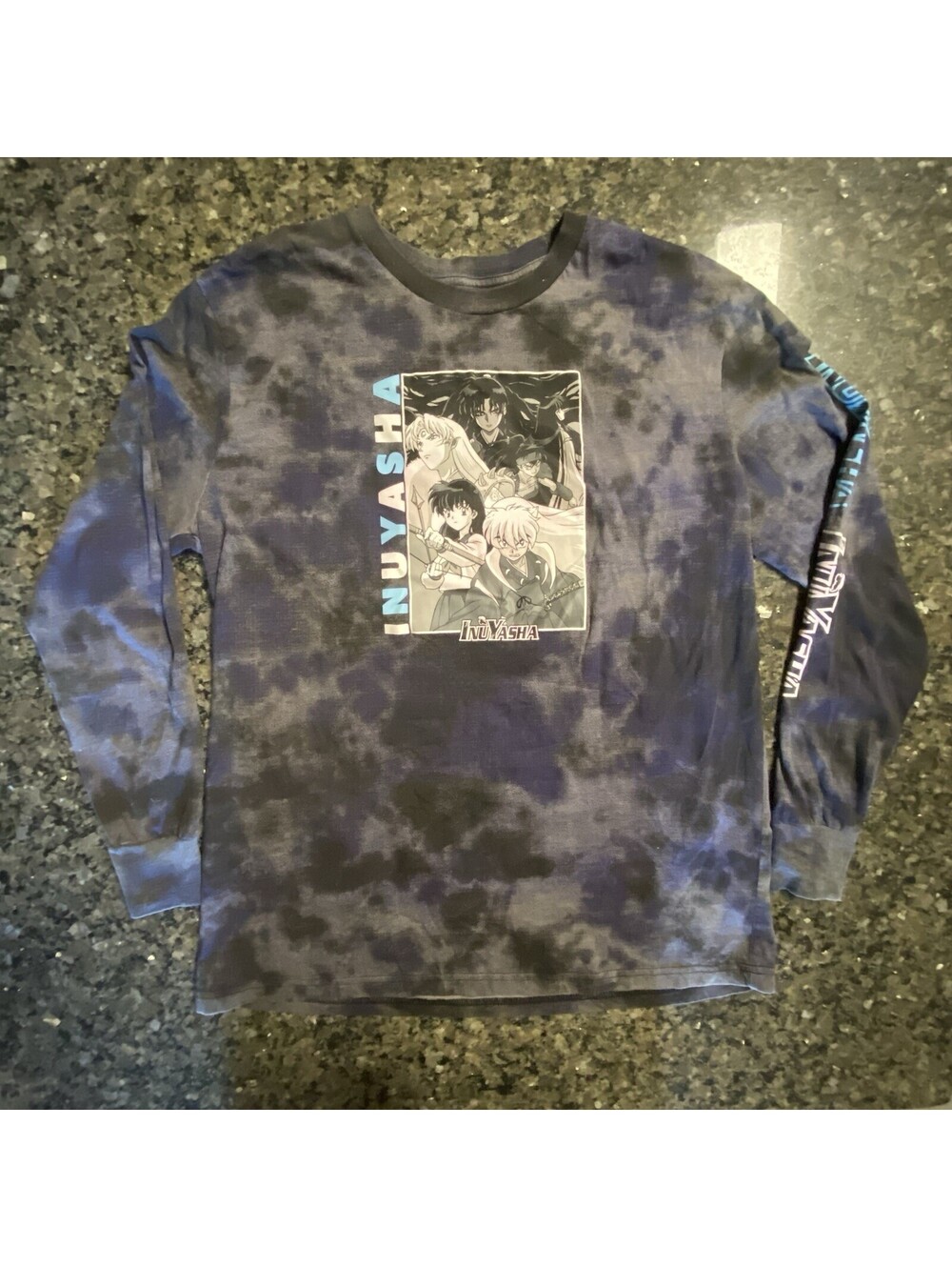 InuYasha Men's Blue/Black Tie-Dye Graphic Long Sleeve T-Shirt 2XL Cotton
